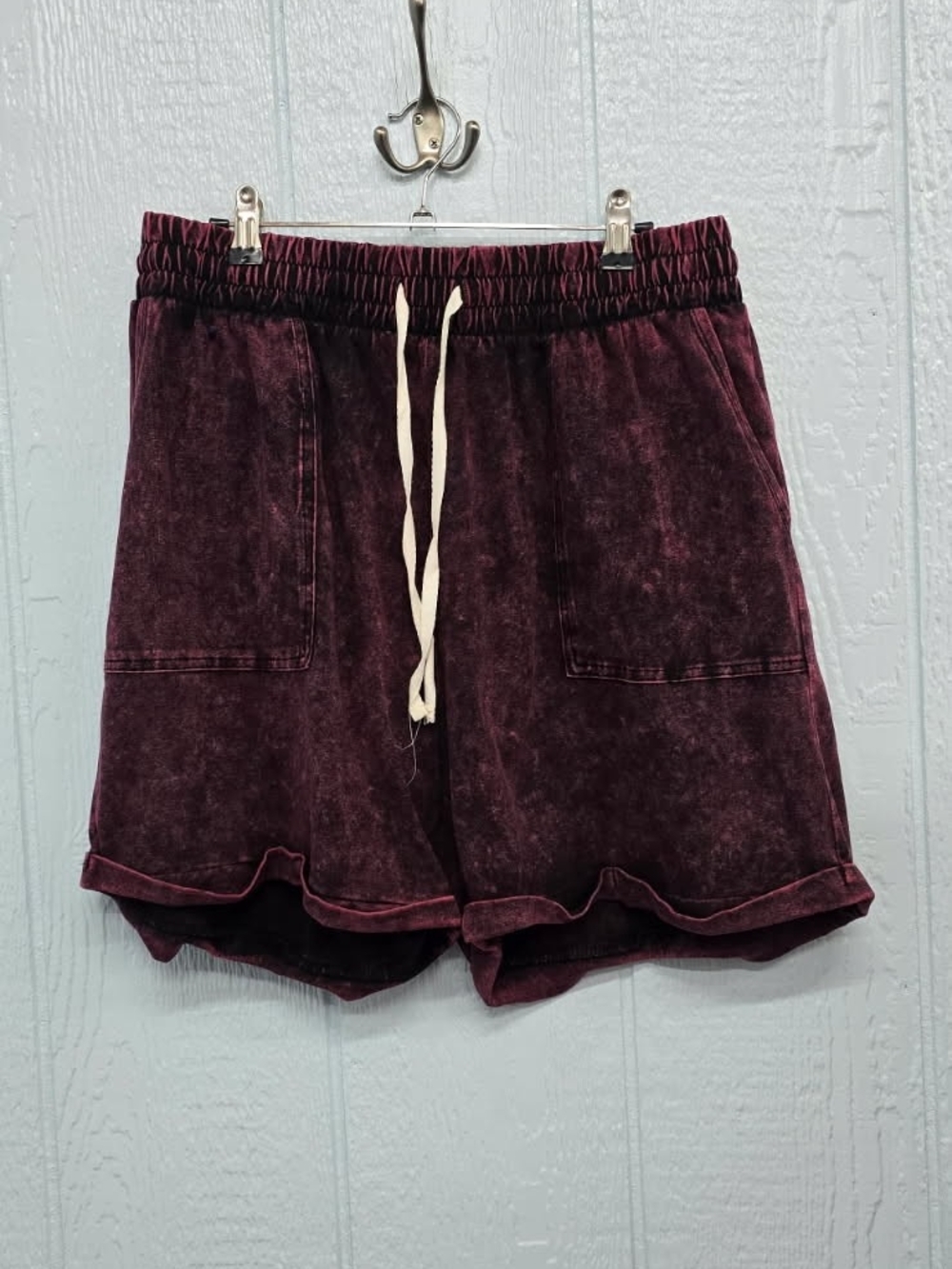 New 1X Zenana Washed Maroon Elastic Waist Drawstring Shorts